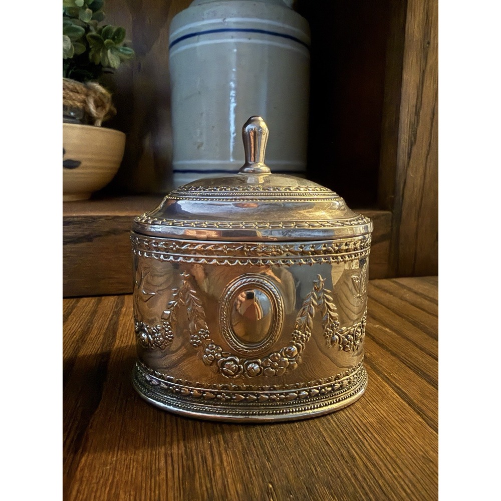 VTG Silver Plated Jewelry Casket Ornate Trinket Box Oval Felt Lined Hinged Lid